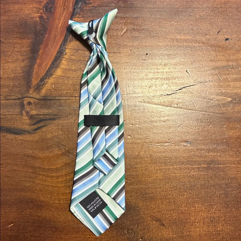 Boys green and blue and black striped neck tie clip on style